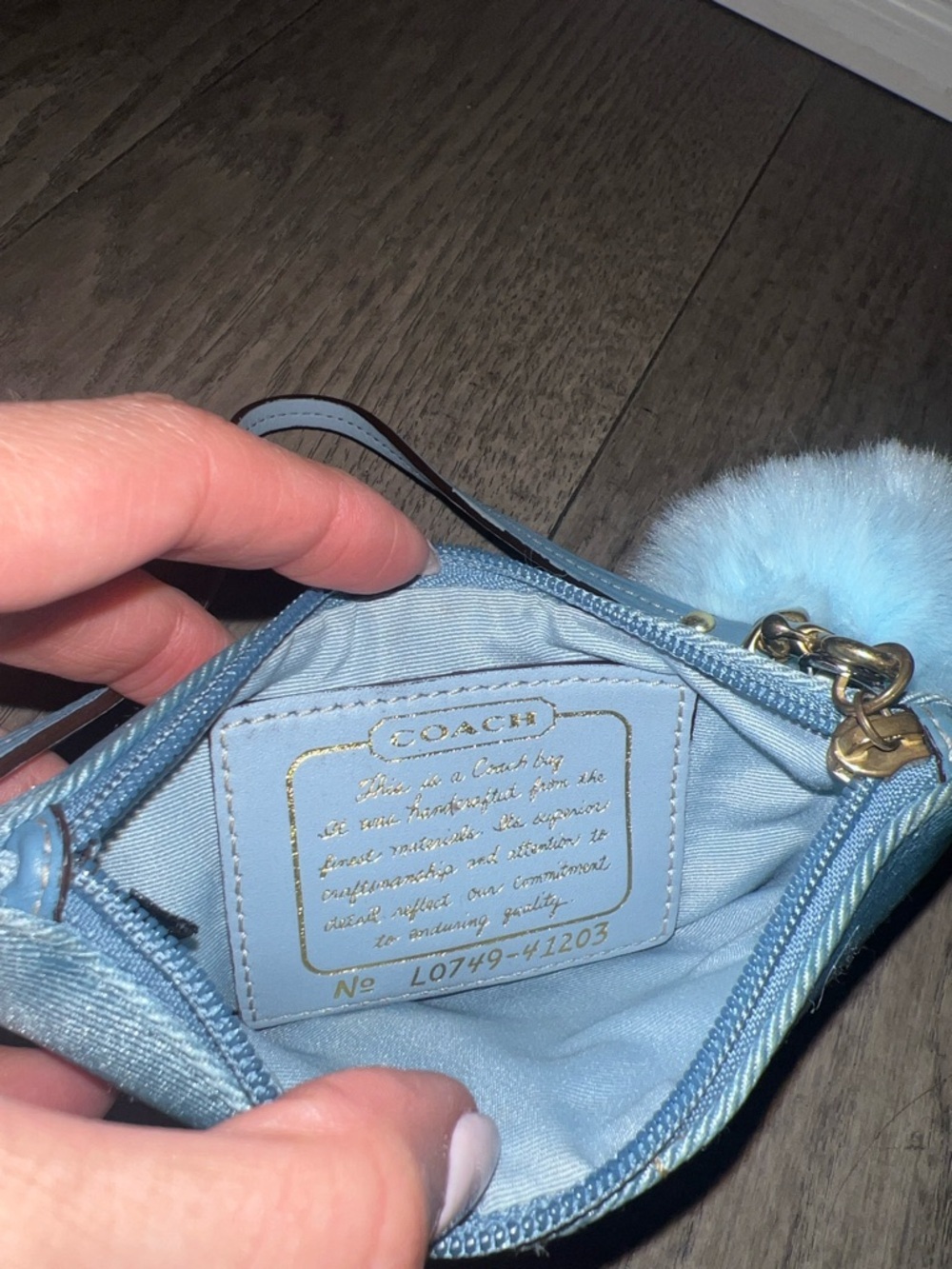 Coach Brown Signature Canvas Wristlet with Light Blue Trim and Pom - Picture 6 of 6